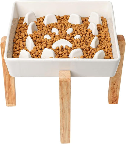 GDCZ Dog Slow Feeder Bowls, Square Ceramic Pet Food Bowl for Medium Breed, Fun Dog Bowls to Slow Down Eating (White, M-1.8 Cups+Stand)