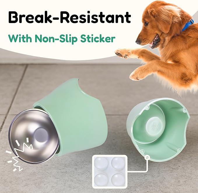 Elevated Spaniel Dog Bowl, Melamine Raised Dog Food Bowl for Long-Eared Dogs, Raised Dog Bowls for Small & Medium Dogs, Stainless Steel Inner Bowl, Non-Slip Base (Green, M (420 ML / 1.5 Cups))