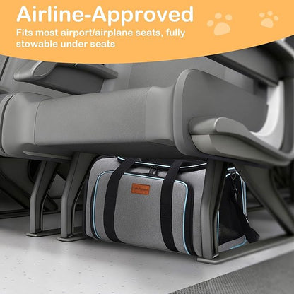 Expandable Airline Approved Pet Carrier, Soft-Sided Travel Bag for Small Cats Dogs with Hard Shell Base, Removable Fleece Pad, Ventilated Mesh, Gray (Blue Trim)