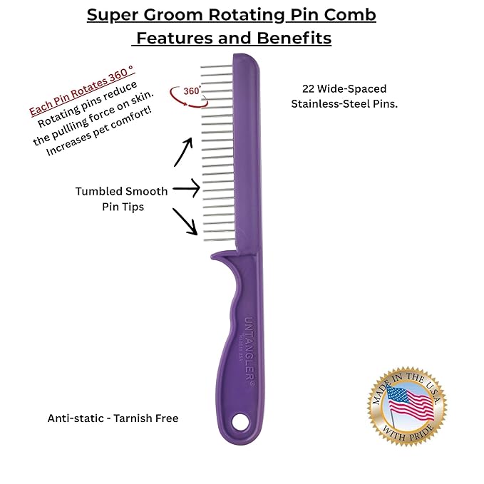 Super-Groom Combs with Smooth Rotating Teeth for Painless Mat Removal (Royal Purple, 22 Coarse-Teeth)