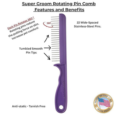 Super-Groom Combs with Smooth Rotating Teeth for Painless Mat Removal (Royal Purple, 22 Coarse-Teeth)