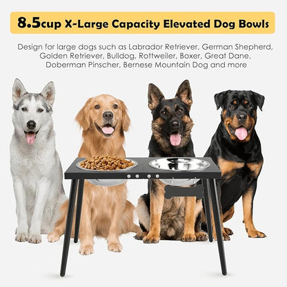 Metal Raised Dog Bowl Stand for Extra Large & Large, Dogs Food & Water Bowls 15" Tall,with Sprill Proof Mat, Raised Stand (70OZ-Stainless Steel Dog Bowls, Mat-20x31)