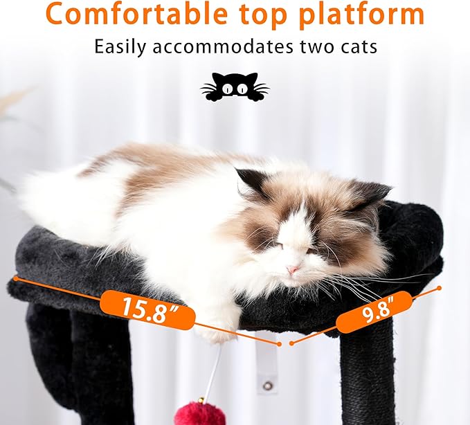 Heybly Cat Tree, 39.4 Inches Gothic Tower Condo with Scratching Post, Cat Tower for Indoor Cats, Fully Wrapped Sisal Pole, Soft Platform, 2 Baskets and Dangling Toy, Black and Red HCT006SBR