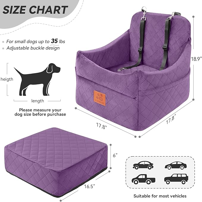 GL GLENSLAVE Dog Car Seat for Small/Medium Dogs, Dog Booster Car Seats with Thick Cushion for Dogs Under 35lbs, Detachable Washable Pet Carseat with Storage Pockets, 2 Safety Belts(Purple)
