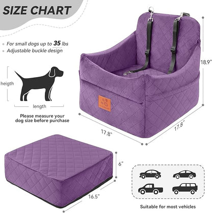 GL GLENSLAVE Dog Car Seat for Small/Medium Dogs, Dog Booster Car Seats with Thick Cushion for Dogs Under 35lbs, Detachable Washable Pet Carseat with Storage Pockets, 2 Safety Belts(Purple)