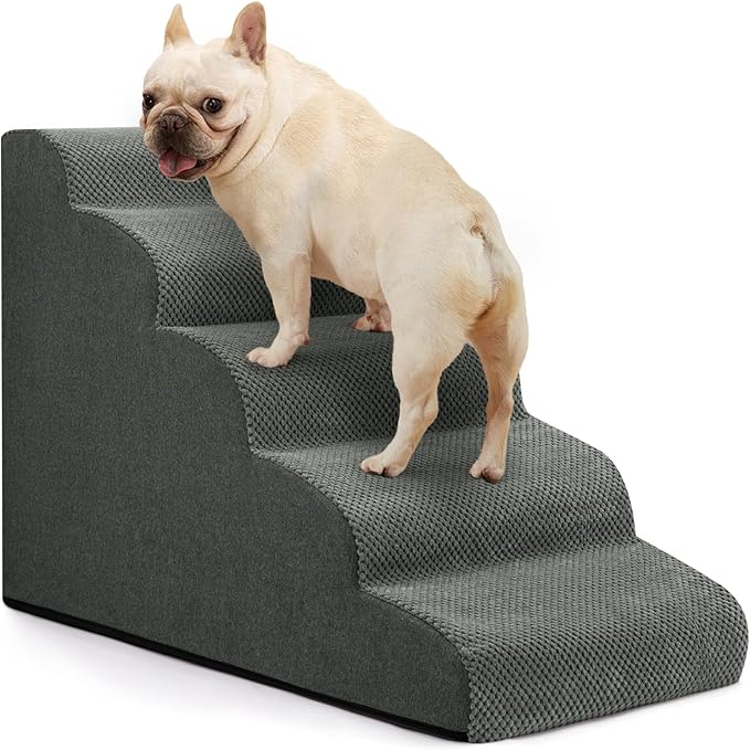 Dog Stairs for Bed 22.4”H,5-Step Dog Ramp for Small Dogs & Cats,Pet Steps for Dogs to get on High Bed, Indoor Anti-Slip Pet Stairs for Old Cats and Puppy,Grey