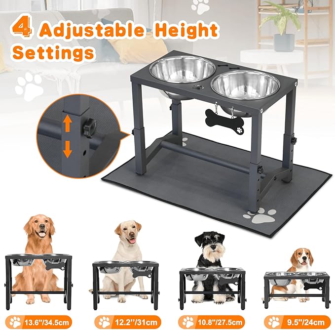 Elevated Dog Bowls, 4 Height Adjustable Metal Raised Bowl Stand with 2 Thick Stainless Steel Food Bowls & Spill-Proof Mat, Adjusts to 13.6'', 12.2'', 10.9'', 9.5'' for Large/Medium Breeds
