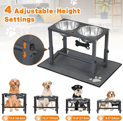 Elevated Dog Bowls, 4 Height Adjustable Metal Raised Bowl Stand with 2 Thick Stainless Steel Food Bowls & Spill-Proof Mat, Adjusts to 13.6'', 12.2'', 10.9'', 9.5'' for Large/Medium Breeds