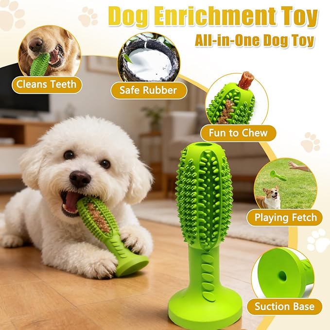 Dog Chew Toys, Interactive Suction Cup Toothbrush Chew Toy for Puppy Teething, Rubber Teeth Cleaning Stick with Treat Holder for Small and Medium Dogs (Green)
