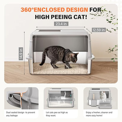 Removable Stainless Steel Cat Litter Box with lid, Side & Top Entry Kitty LitterBox，Cat Litter Box Enclosure, XL Extra Large High-Sided Metal Cat Box with Scoop, Footboard（Grey）