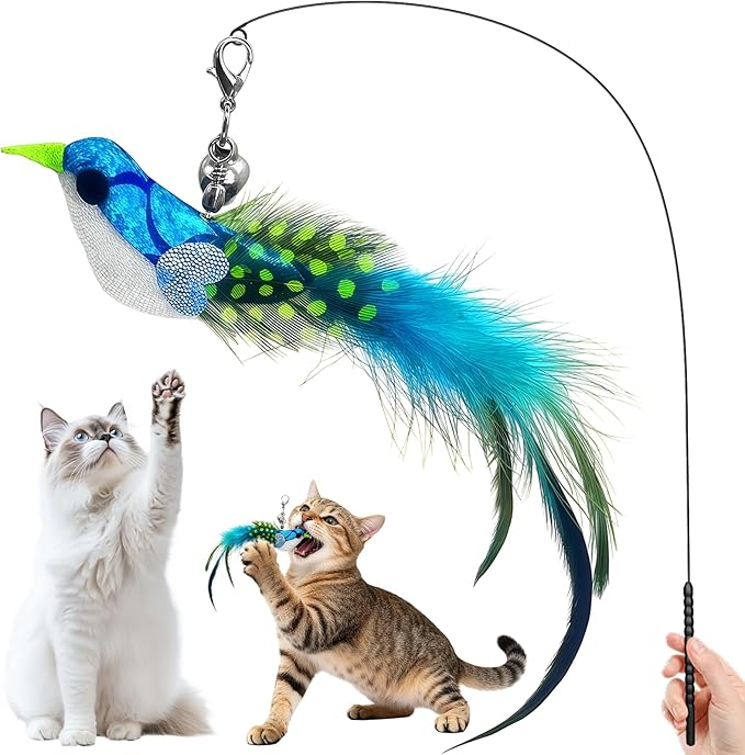 Cat Toy – Interactive Wand with Blue Bird Design Featuring Bell, Feather & Sparkle Teaser for Indoor Play with Owner or Solo Fun, Hands-Free Self-Play for Happy, Active Cats & Kittens