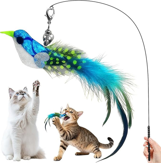 Cat Toy – Interactive Wand with Blue Bird Design Featuring Bell, Feather & Sparkle Teaser for Indoor Play with Owner or Solo Fun, Hands-Free Self-Play for Happy, Active Cats & Kittens