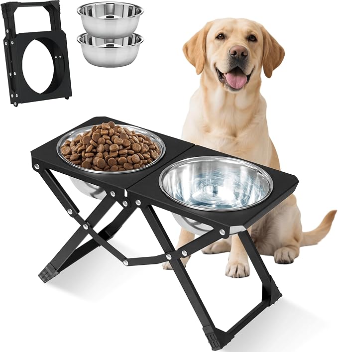 Foldable Elevated Dog Bowl Holder with 2 Large 58oz Stainless Steel Bowls, 10.2" Tall Raised Dog Bowl Stand for Medium/Large Breeds, Indoor and Outdoor Use