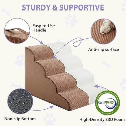 Dog Stairs for Bed, 4-Steps Dog Ramp for Bed, Pet Stair with Highly Supportive Foam and Non-Slip Bottom, Pet Stairs for Large Dogs and Medium Dogs (High 19.7 Inch)