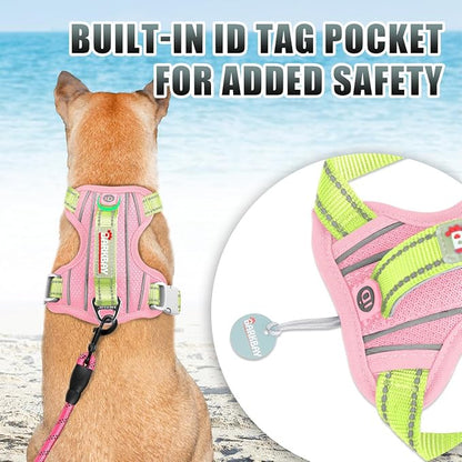 BARKBAY No Pull Dog Harness Large Reflective Dog Harness with Front Clip and Easy Control Handle for Walking Training Running with ID tag Pocket(Baby Pink & Sunlight,S)