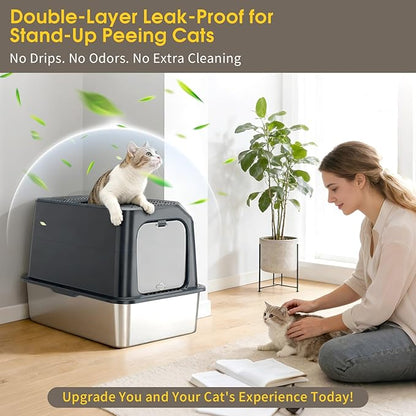 Large Stainless Steel Cat Litter Box with Lid - Odor-Resistant & Enclosed Design, Anti-Leakage & Non-Sticky Surface for Easy Cleaning (Gray)