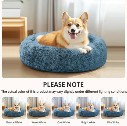 JOLLYVOGUE Calming Dog Beds Large Sized Dog, 36in Donut Washable Large Pet Bed, Anti-Slip & Anti-Anxiety Fluffy Faux Fur Round Dogs Bed, Fits up to 80 lbs Pets (Blue)