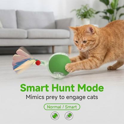 JBD Interactive Cat Toy Ball for Indoor Cats-Silent Automatic Rolling & Self Moving Electric Kitten Toys, USB Rechargeable Smart Ball with Tail, Motion Activated Hunting Exercise for Bored Cats Green