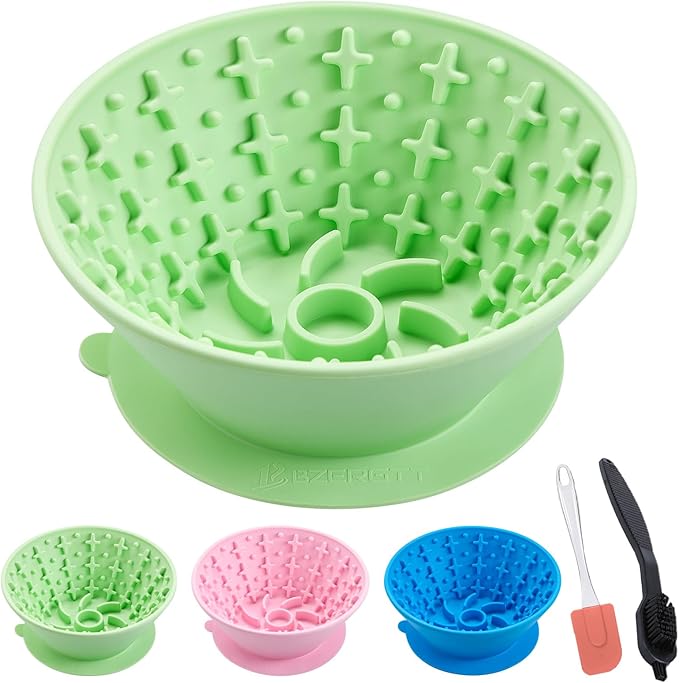 Dog Lick Bowl – Silicone Lick Mat for Dogs, Freezer-Safe, Slow Feeder, Non-Slip Base, Includes Brush & Scraper, Large Opening for Anxiety Relief & Oral Health, Ideal for Frozen Treats (Green)-Large