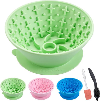 Dog Lick Bowl – Silicone Lick Mat for Dogs, Freezer-Safe, Slow Feeder, Non-Slip Base, Includes Brush & Scraper, Large Opening for Anxiety Relief & Oral Health, Ideal for Frozen Treats (Green)-Large