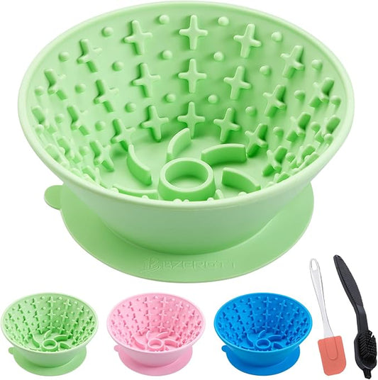 Dog Lick Bowl – Silicone Lick Mat for Dogs, Freezer-Safe, Slow Feeder, Non-Slip Base, Includes Brush & Scraper, Large Opening for Anxiety Relief & Oral Health, Ideal for Frozen Treats (Green)-Large