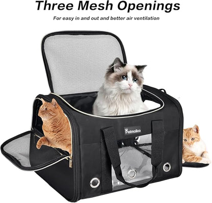 Petmolico Cat Carrier Soft-Sided Pet Bag for Small Medium Cats Puppies 16LBs - Airline Approved Pet Travel Carrier 3 Open Doors (Medium,Black)