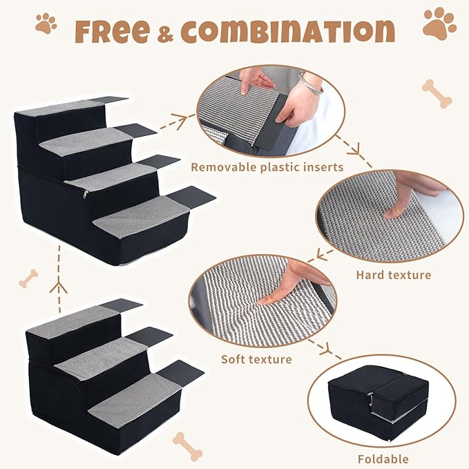 Dog Stairs for Small Dogs, 3 Step Dog Stair for High Bed and Couch, Non-Slip High Density Foam Sturdy Pet Steps with Removable Washable Cover for Older Cat