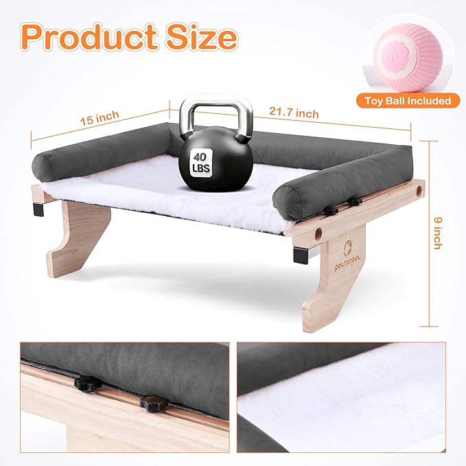 Solid Wood Cat Window Perch for Large Breeds – 40lbs Heavy Duty Cat Window Hammock, Comfortable Orthopedic Feline Bed with Easy Screw-in Assembly, Modern Pet Furniture, Bonus Toy Included