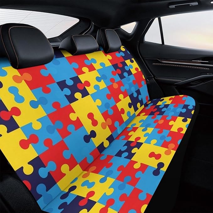 Women's Dirt Proof Dog Car Back Seat Cover, Fashion Universal Fit Auto Bench Seat Cushion Covers for Trucks SUV Compatible with Autism Awareness Colorful Puzzles