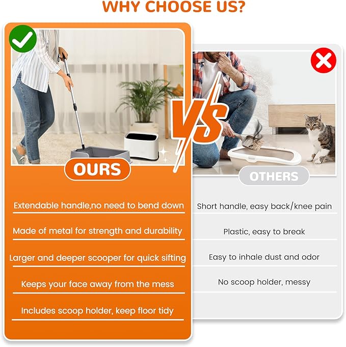 Metal Cat Litter Scoop with Holder, 43" Extendable Long Handle Cat Scooper for Litter Box, Solid & Durable, Deep Shovel for Fast Sifting, Large Pet Pooper Scooper for Kitty/Outside Dog Poop