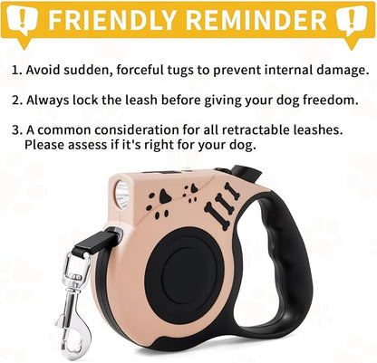 Retractable Dog Leash with USB Rechargeable Flashlight for Night Walks, 16FT Automatic Telescopic Tractor Dog Leash for Small and Medium Dogs, Beige