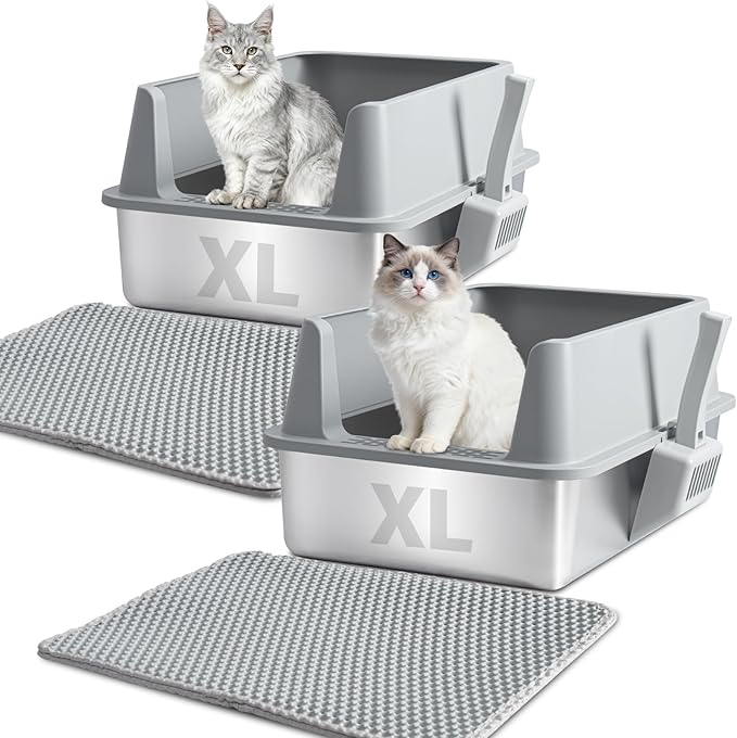 XL Stainless Steel Litter Box with Lid, Extra Large High Sided Metal Cat Litter Box with Mat and Scooper, Easy Clean, Non Stick & No Smell,2pack