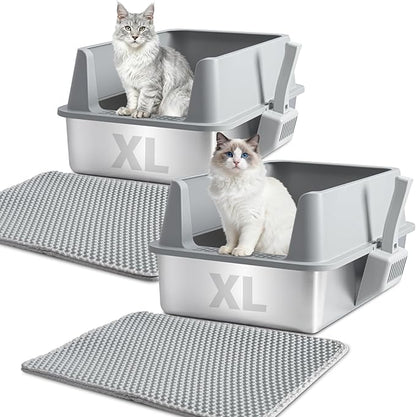 XL Stainless Steel Litter Box with Lid, Extra Large High Sided Metal Cat Litter Box with Mat and Scooper, Easy Clean, Non Stick & No Smell,2pack