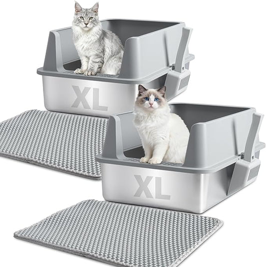 XL Stainless Steel Litter Box with Lid, Extra Large High Sided Metal Cat Litter Box with Mat and Scooper, Easy Clean, Non Stick & No Smell,2pack