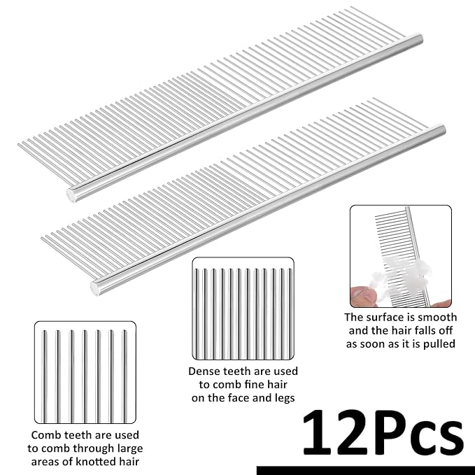 12 Pcs Stainless Steel Dog & Cat Comb, 7.48 Inch Metal Grooming Tool for Removing Knots, Long and Short Haired Pets Including Dogs, Cats & Others