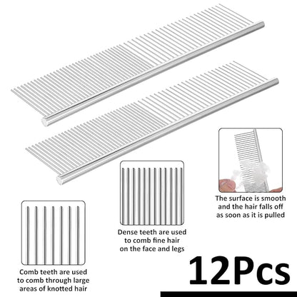 12 Pcs Stainless Steel Dog & Cat Comb, 7.48 Inch Metal Grooming Tool for Removing Knots, Long and Short Haired Pets Including Dogs, Cats & Others