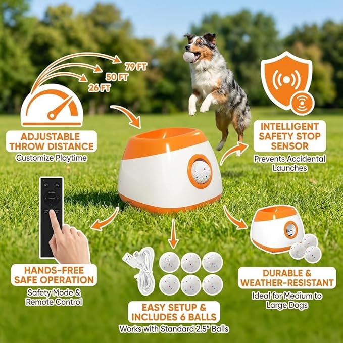 Automatic Dog Ball Launcher for Medium and Large Dogs, 26-79 FT Adjustable Distance Thrower, Hands-Free Automatic Ball Launcher for Dogs Fetch Dog Ball Launcher Toy with Safety AUT