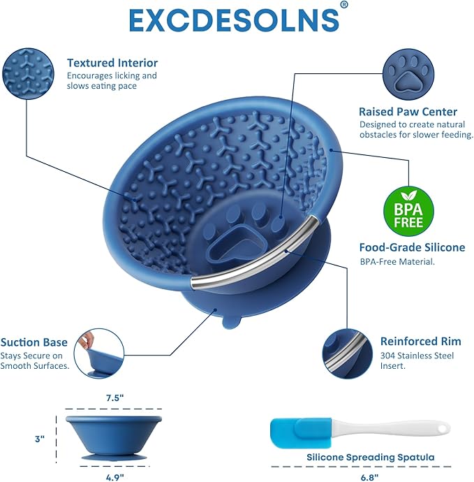 Slow Feeder Dog Bowl with Suction Cup & Reinforced Rim, 3-Cup Puzzle Maze Dog Lick Bowl for Anxiety Relief, Anti-Choking & Non-Slip, BPA-Free Silicone, for Small to Large Breeds (Blue)