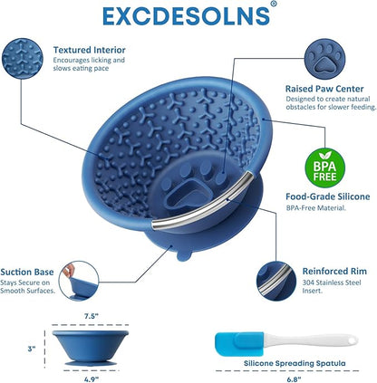 Slow Feeder Dog Bowl with Suction Cup & Reinforced Rim, 3-Cup Puzzle Maze Dog Lick Bowl for Anxiety Relief, Anti-Choking & Non-Slip, BPA-Free Silicone, for Small to Large Breeds (Blue)
