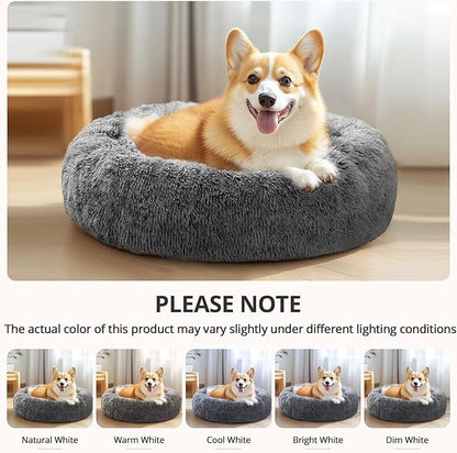 JOLLYVOGUE Calming Dog Bed for Small Dogs - 23 inches Donut Washable Small Dog Bed for Kittens & Puppies, Anti-Slip Round Fluffy Plush Faux Fur Cat Beds (Fits up to 25 lbs Pets, Smoke Black)