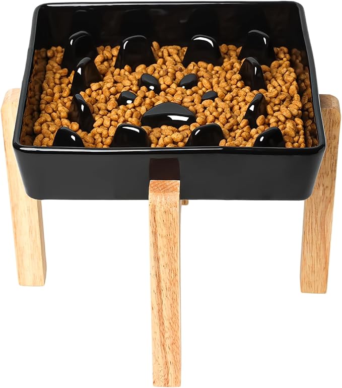 GDCZ Dog Slow Feeder Bowls, Square Ceramic Pet Food Bowl for Medium Breed, Fun Dog Bowls to Slow Down Eating (Black, M-1.8 Cups+Stand)