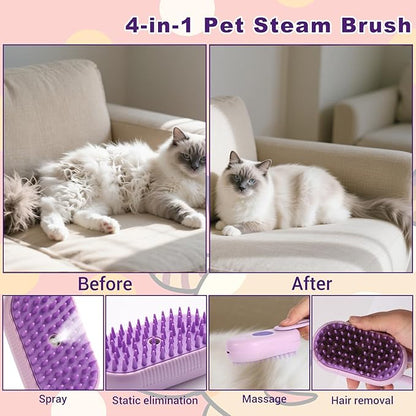 4-in-1 Pet Steam Brush for Dogs & Cats - Anti-Static Deshedding Grooming Tool with Massage & Cleaning for Long/Short Hair | Micro-B Rechargeable (Purple)