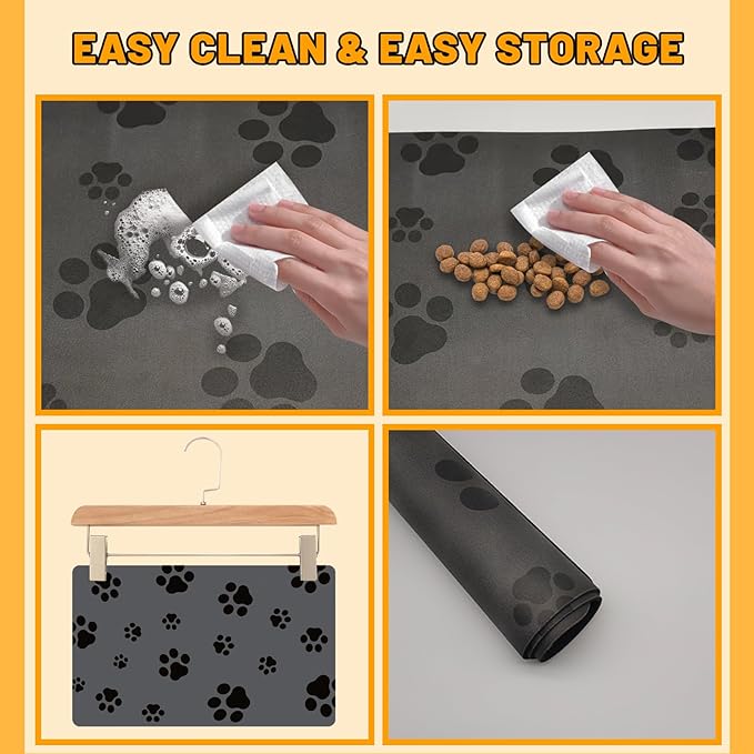 18"×30" Dog Food Mat-Absorbent Dog Mat for Food and Water, No Stains Quick Dry Cat Food Bowl Mat with Footprints for Messy Drinkers,Dark Grey