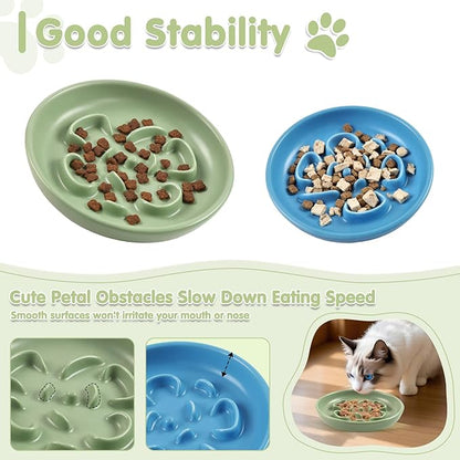 Cat Slow Feeder Bowl Set - 2 Pcs Pastel Series Cat Plate for Dry and Wet Food - Cute Maze Feeder Dish for Healthy Eating- Slow Feeding Bowls Whisker Friendly - Dishwasher Safe (Blue and Green)