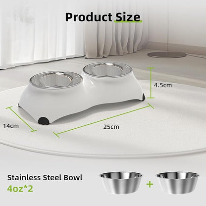 Stainless Steel Dog Bowls Set, Double Food & Water Bowls for Dogs, Dual Dog Food Bowl with 2 Small (4oz*2) Bowl, Non-Slip Pet Bowls Suitable for Puppies, Kittens and Small Breed Dogs (White)
