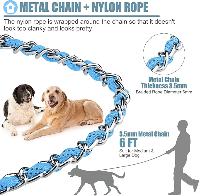 HOMIMP Chew Proof Dog Leash for Medium Large Dogs, Reflective 6 FT Heavy Duty Metal Chain Dog Leashes with Soft Padded Handle, Anti Bite Durable Rope Leashes for Pitbull, Non Chewable, Light Blue