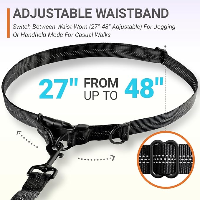 4-6 FT Hands-Free Dog Leash for Running & Walking - Adjustable Waist Belt (28-47"), Shock-Absorbing Bungee, 2 Reinforced Handles, Reflective & Anti-Pull for Small/Medium Dogs, Black