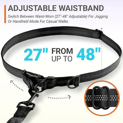 4-6 FT Hands-Free Dog Leash for Running & Walking - Adjustable Waist Belt (28-47"), Shock-Absorbing Bungee, 2 Reinforced Handles, Reflective & Anti-Pull for Small/Medium Dogs, Black