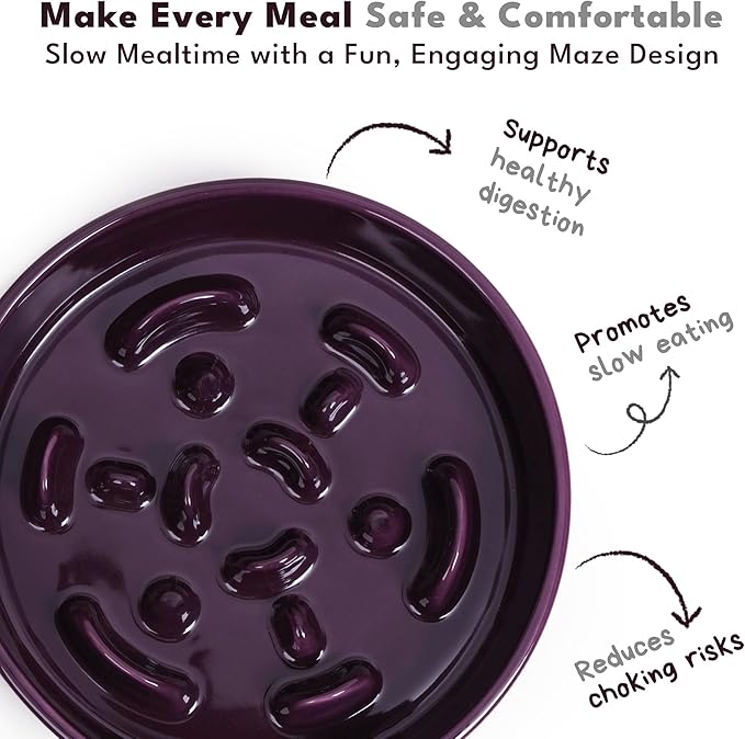 CHEWFFON Ceramic Slow Feeder Dog Bowls, 2 Cups Puzzle Dog Food Bowl for Fast Eaters, Nonslip Stop Bloat Slow Feeder for Small and Medium Breed, Dishwasher Safe, Dark Purple