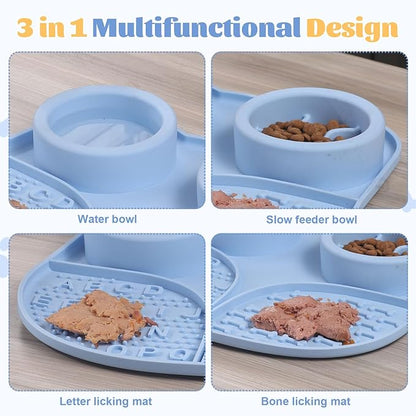 Silicone Slow Feeder Dog Bowls & Cat Bowls, 2 Cups Small Pet Food Bowl with Non-Slip Suction Base, Food-Grade Safe Puzzle Feeder for Small & Medium Dogs & Indoor Cats (Bowl & Lick Mat (Blue))